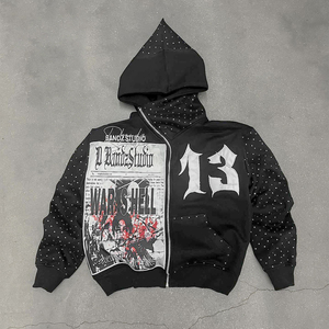 Sudadera con capucha personalizada con cremallera y diamantes de imitación para hombre 500 GSM Heavyweight 100% algodón bordado desgastado Sudadera con capucha de mezcla de algodón - Product Image 1