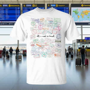 เสื้อยืดลายเครื่องบินพร้อมแสตมป์โลก ดีไซน์ที่ได้แรงบันดาลใจจากหนังสือเดินทางเพื่อการส่งเสริมการขาย "All I Need Is Travel" - Product Image 3