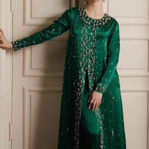 ชุดกระโปรงยาวสีเขียวขวดสวยงามและน่าทึ่งชุดเดรสกวางกางเกงพร้อมชุดกระโปรงประดับไข่มุกงานหินสำหรับงานปาร์ตี้-สึกหรอ/แต่งงาน = 2024 - Product Image 1