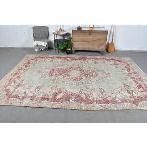 Alfombra turca Vintage rojo Beige 6x8 pies patrón de retazos abstracto de piel de lana hecho a mano para entrada 10mm de espesor con respaldo de látex - Product Image 1