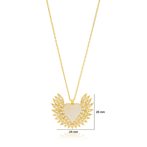 Heart with Wings Round Cut Zircon Stone Charm Necklace Pendant Turkish Handmade Wholesale 925 Sterling Silver Jewelry - Product Image 3