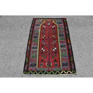 พรมตุรกีวินเทจ ขนาด 3.2x4.7 ฟุต (96x144 ซม.) พรมคิลิมลายดอกไม้สีแดง - Product Image 1