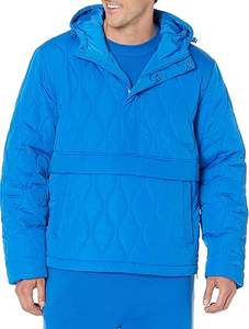 Chaqueta acolchada azul negrita con cuello levantado Capucha elegante Bolsillo frontal cálido Ajuste acogedor Comodidad hecha de lona - Product Image 5