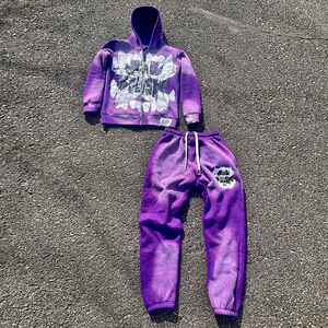 Conjunto de sudadera con capucha y Jogger con cremallera teñida púrpura personalizado, chándal de lana con estampado gráfico, ropa de calle unisex, el último traje de dos piezas - Product Image 6