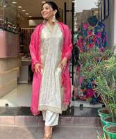 Setelan Anarkali Salwar Kameez 3 Potong Katun Putih Kuning Gaya Vintage untuk Pesta, Wanita India Pakistan