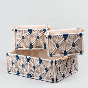 Aesthetic Jute & <b>Wooden</b> <b>Storage</b> <b>Baskets</b> Woven Cotton Rope <b>Basket</b> Set for Living Room or Bathroom Use - Product Image 1