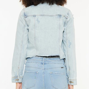 Medium Blue Cropped Denim <b>Jacket</b> for Women Rhinestone Embellished Wool Lined Long <b>Short</b> <b>Jacket</b> in Low Price OEM Wholesale - Product Image 1