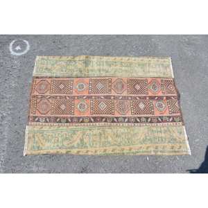 พรมสไตล์ตุรกีโบราณลายชนเผ่าสีเบจสีเขียว2.7x3.7ft เย็บปะติดปะต่อกันพรมห้องนั่งเล่นขนสัตว์หนุนหลังยางพาราขนาด9x12 - Product Image 3