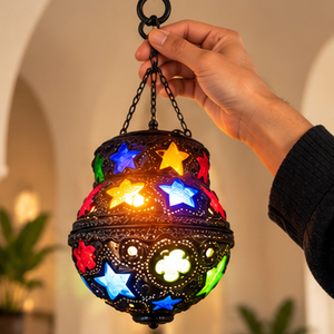 Farida Hookahs Handmade Moroccan Hanging Lantern Gold Brass/Grey Finish Colorful <b>Star</b> Glass Arabic Decorative Pendant <b>Light</b> IP - Product Image 1