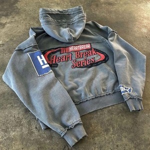 Custom Men's Reversible Stitch Stonewashed Technique Distressed <b>Oversized</b> Double-Zip <b>Hoodie</b> Sun Faded Acid Wash Zip 100% Autumn - Product Image 4