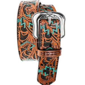 Natural <b>Harness</b> Cowhide Full Grain Western Leather Tooling <b>Belt</b> Turquoise Hand Painting Embossed Pattern Tooled Leather <b>Belt</b> - Product Image 1