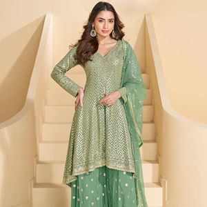 Nuevo diseñador pesado bordado lentejuelas trabajo Sharara conjunto fiesta desgaste superior Palazzo y Dupatta vestido elegante traje a precio al por mayor - Product Image 1