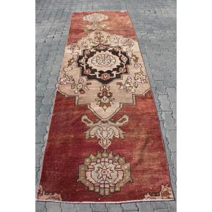 Turkish 3.3x10.2 ft Rug, <b>Runner</b> Vintage Rug, <b>Red</b> Striped Wool Rug - Product Image 1