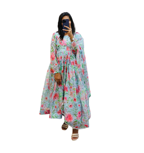 Venta caliente último diseño Anarkali vestidos indio étnico Organza vestido de novia Dupatta impreso traje de trabajo Natural al por mayor - Product Image 1