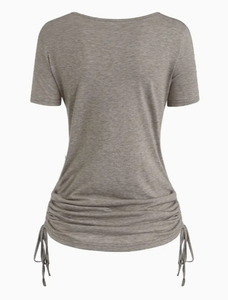 Vêtements personnalisés pour femmes T-shirt uni à manches courtes avec cordon de serrage, haut décontracté à col bénitier pour femmes de grande taille - Product Image 3