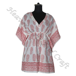 Nueva llegada 2024 indio bloque de mano estampado Kaftan Robe KFCS132 algodón verano vestido Kimono mujer XL ajuste suelto vacaciones corto ODM - Product Image 3
