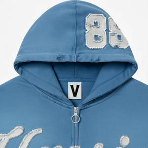 Personalización de alta calidad Unisex bordado impreso lavado ácido peso pesado Rhinestone desgastado Sun Faded Zipper-Up Hoodie - Product Image 4