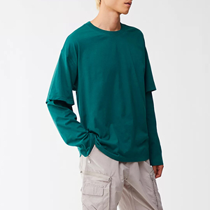 เสื้อยืดผ้าฝ้าย100% แขนสองชั้นสำหรับผู้ชายเสื้อทรงหลวมใส่ได้สองชั้นผ้าฝ้ายโอเวอร์ไซส์ - Product Image 2