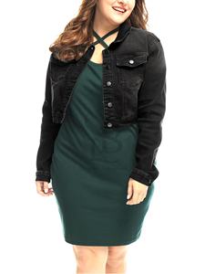 Veste en jean courte décontractée grande taille pour femmes décoration boutonnée à manches longues col rabattu teint saison d'hiver OEM - Product Image 5