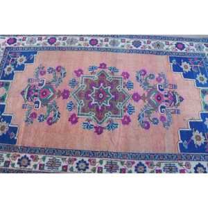Tapis turc vintage 4,2x6,46 pi (127x197 cm), tapis bleu rose à motifs floraux - Product Image 5