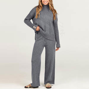 Conjunto de dos piezas de punto con logotipo personalizado, ropa de mujer, pantalones para correr con bolsillos y conjunto de ropa de primavera para mujer - Product Image 1