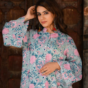 Cómodo vestido de longitud media para mujer 100% algodón indio bloque de mano impreso elegante manga completa botón decoración Casual - Product Image 2