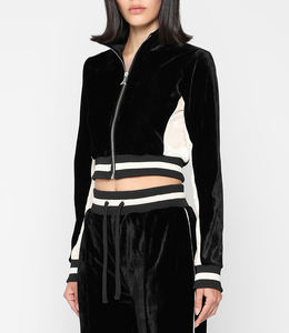 <b>Women</b> 2pcs <b>Velvet</b> Zipper Polyester Tracksuit Rib Waist Velour Lounge Wear Crop Top <b>Jacket</b> and Pant 2 Piece Jogger Set - Product Image 3