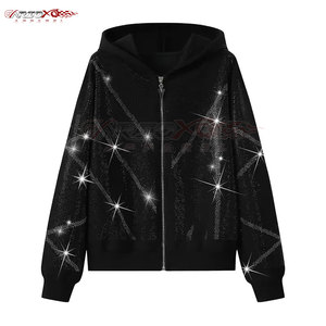 Chándal de dos piezas para mujer con diamantes de imitación brillantes y acabado limpio para viajes o discoteca con cremallera Sudadera con capucha Chándal para mujer - Product Image 2