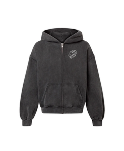 Custom Logo Embroidered Unisex Vintage Fashion Double Zipper Drop Shoulder Hoodie Distressed Faded Acid Wash Winter - Product Image 1