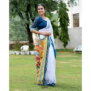 ผ้าซารีออร์แกนซ่าสีขาววาดลายด้วยมือ สวยงาม น้ำหนักเบา เหมาะสำหรับงานปาร์ตี้สำหรับผู้หญิง - Product Image 4