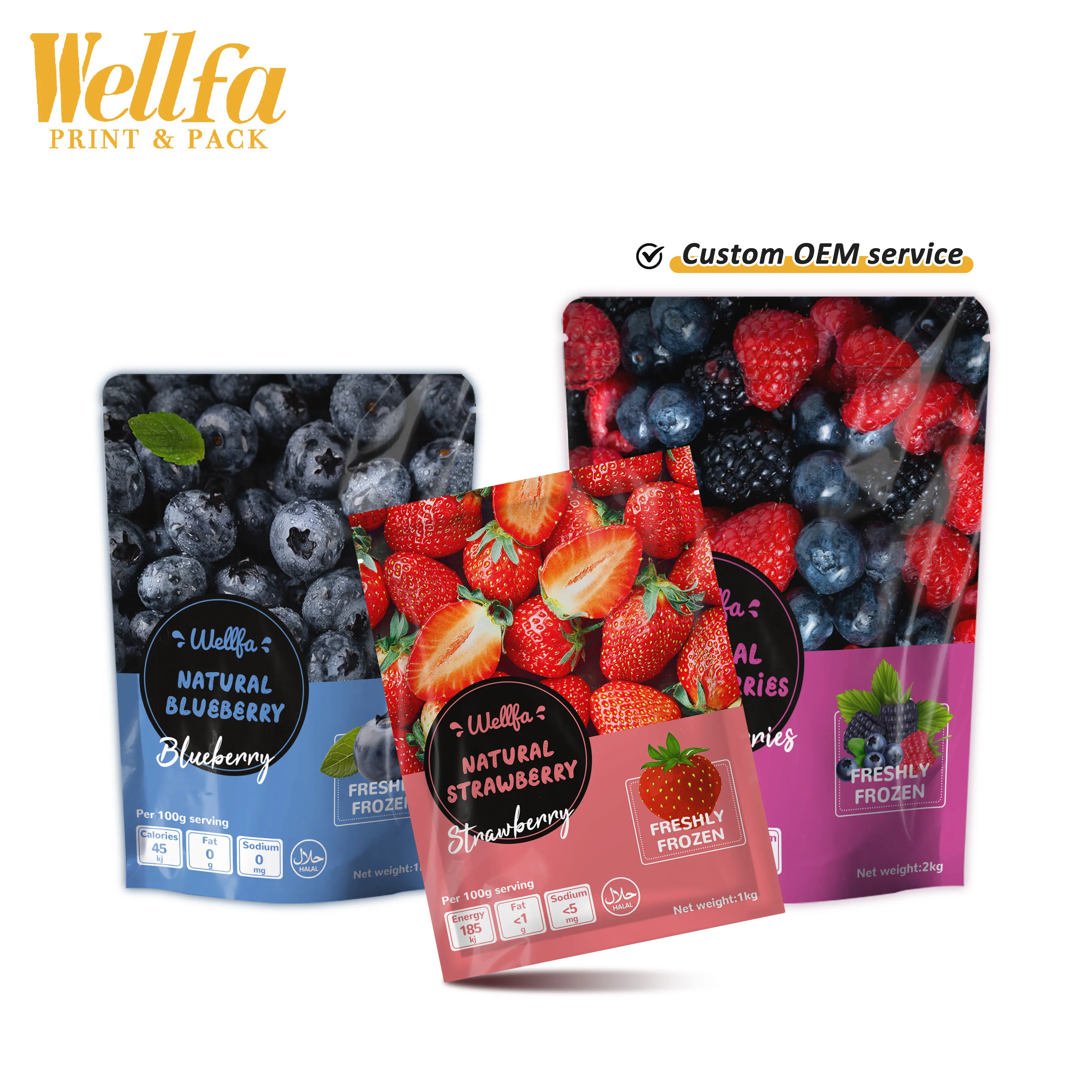 Custom Design Food Grade Three Side Heat Seal Vacuum Storage Fresh Mango Raspberry Berries Blueberry Flat Pouch Frozen Fruit Bag