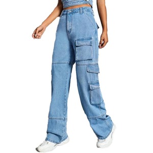 Jeans de Moda al por Mayor para Mujer, Estilo Urbano, Corte Recto, Pierna Ancha, con Bolsillos, Pantalones Vaqueros Casuales Retro Azules, Jeans Cargo para Mujer - Product Image 1