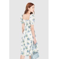 Robe décontractée pour femme en polyester tissé lavable, à manches bouffantes florales, asymétrique, col cœur, imprimé intégral, fabriquée au Vietnam