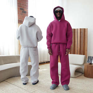 Chine Usine Unisexe Automne Solide 100% Coton Survêtement Street Wear Broderie Empilé Cargo Pantalon À Capuche Ensembles Flare Joggers - Product Image 4