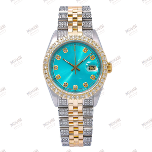 นาฬิกาเพชรมอยส์ซอไนต์แบบทูโทนหน้าปัดสีเทอร์ควอยซ์สีทองและตัวเรือนประดับเพชรและสร้อยข้อมือ - Product Image 3