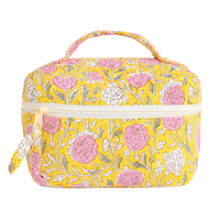 Pochette de toilette vintage en coton imprimé floral jaune, écologique, résistante à l'eau, durable, pour le voyage, avec fermeture éclair