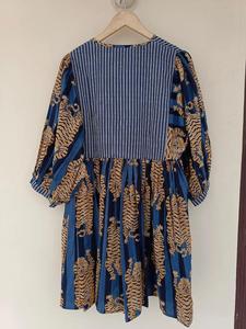 Blue Tiger Printed Eco-Friendly Casual Summer Loose Silhouette Midi Dress with <b>V</b>-neck Natural Waist and <b>String</b> Closure - Product Image 5