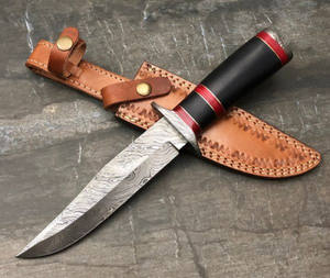 มีดโบวี่เหล็กดามัสกัสแบบพรีเมี่ยมทำด้วยมือสีดำมีแถบไม้เนื้อหนาสีแดงเข้มปลอกหนังสำหรับงานประดิษฐ์ทำด้วยตัวเอง - Product Image 3