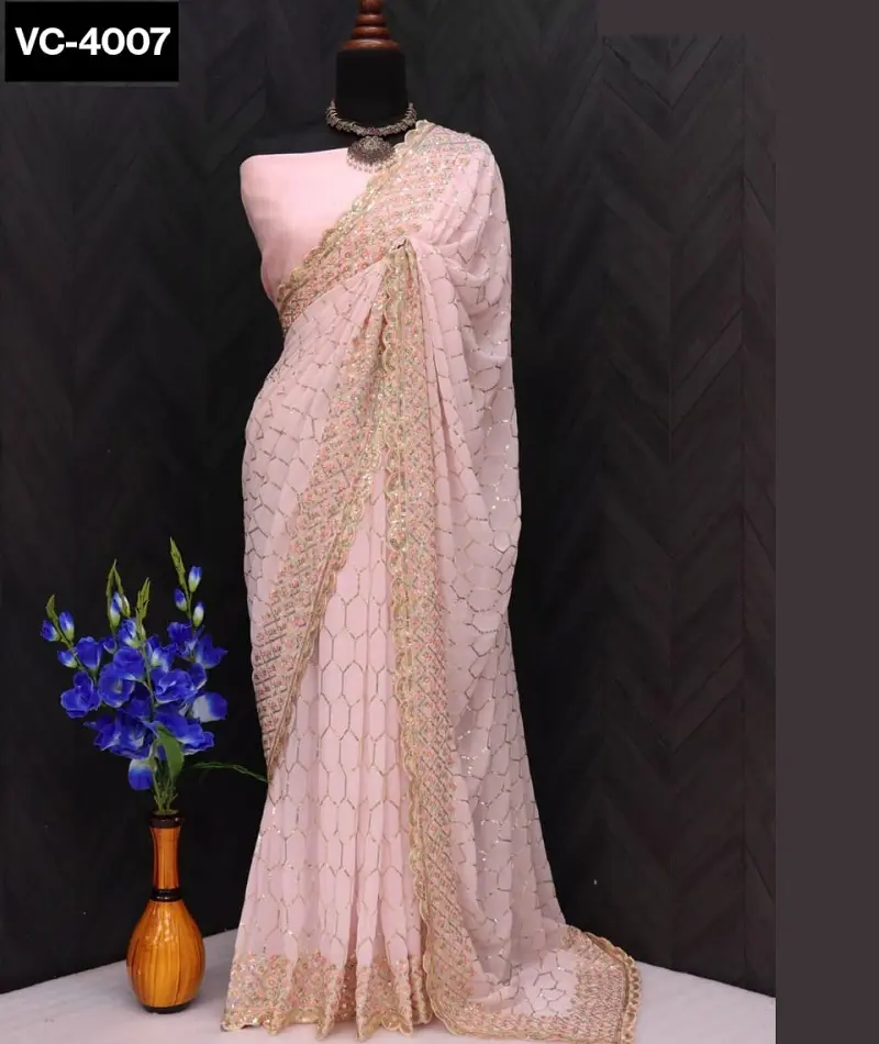 Sari in finta Georgette di usura etnica indiana con lavoro di sequenza per la festa serale indossa Sari con camicetta di seta Banglory in raso per le donne