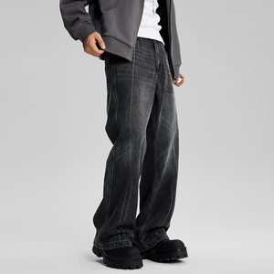 กางเกงยีนส์ขาตรงสไตล์วินเทจของผู้ชายสีดำเทาหินฟอกสีฮิปฮอปดีไซเนอร์กลางเอวสูง - Product Image 4