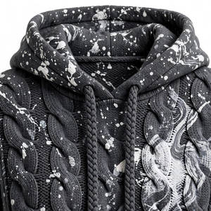 Sweat à capuche personnalisé en tricot torsadé avec broderie frontale, motif éclaboussures de peinture, ourlet et poignets côtelés, cordons de serrage, style streetwear pour femme - Product Image 5