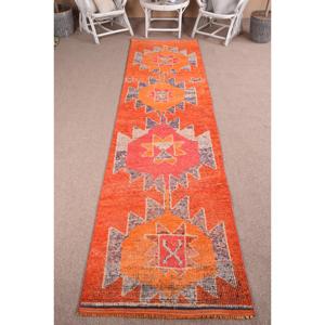พรมขนาด 3.1x12.5 ฟุต, พรมตุรกีโบราณ, พรมเฮอร์กีสีส้มลายปะติด - Product Image 1