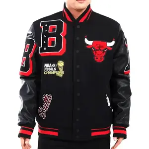 Lã letterman Real Leather Varsity Jacket dos homens personalizados preto com cor vermelha Bordado Logos Patches e etiquetas jaqueta para homens