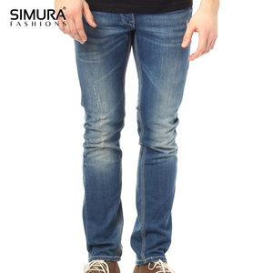 กางเกงยีนส์เดนิมสีน้ำเงินทรงสลิมฟิตสำหรับผู้ชาย ยี่ห้อ SIMURA เอวกลาง สไตล์ลำลอง แต่งดีเทลขาดๆ ผ้าฝ้ายทอ 100% - Product Image 6