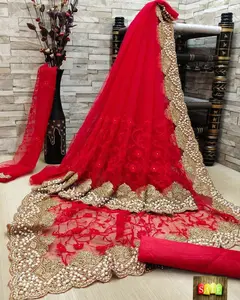 Ultimo Design caldo donne tessuto netto ricamo lavoro camicetta Sari occasione festa di nozze unico alla moda Sari Designer 2022