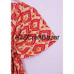 Vestido Kaftan Midi Informal de Verano, Hecho a Mano, 100% Algodón, Cuello en V, Manga Corta, Silueta Ajustada, con Borlas y Volantes, para Fiesta en la Playa - Product Image 4