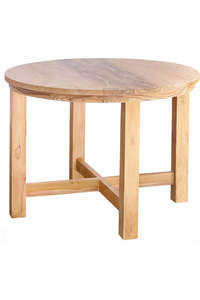 Mesa de comedor redonda de teca, madera maciza, acabado natural, patas resistentes, diseño rústico, uso en interiores y exteriores, pieza de mobiliario minimalista básica - Product Image 2