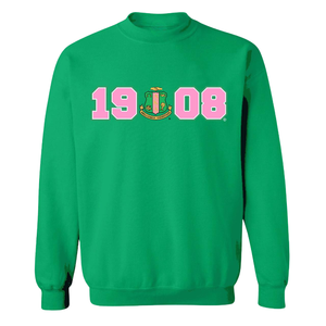 Sweat-shirt à col rond AKA 1908 Year Crest, vert forêt avec lettres grecques roses et blanches, pull en polaire pour sororité - Product Image 1