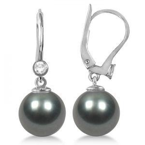 14K White Gold Tahitian <b>Pearl</b> & <b>Diamond</b> Leverback <b>Earrings</b> 9-10mm Exquisite 9-10mm Tahitian <b>Pearl</b> & <b>Diamond</b> Jewelry - Product Image 1