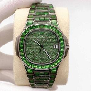 Montre-bracelet automatique mécanique de luxe personnalisée pour homme, style hip-hop, avec diamants simulés baguette verts, tendance et haut de gamme - Product Image 1